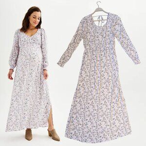 Long Sleeve Floral Maxi Dress with Slit & Tie in Back - Maternity